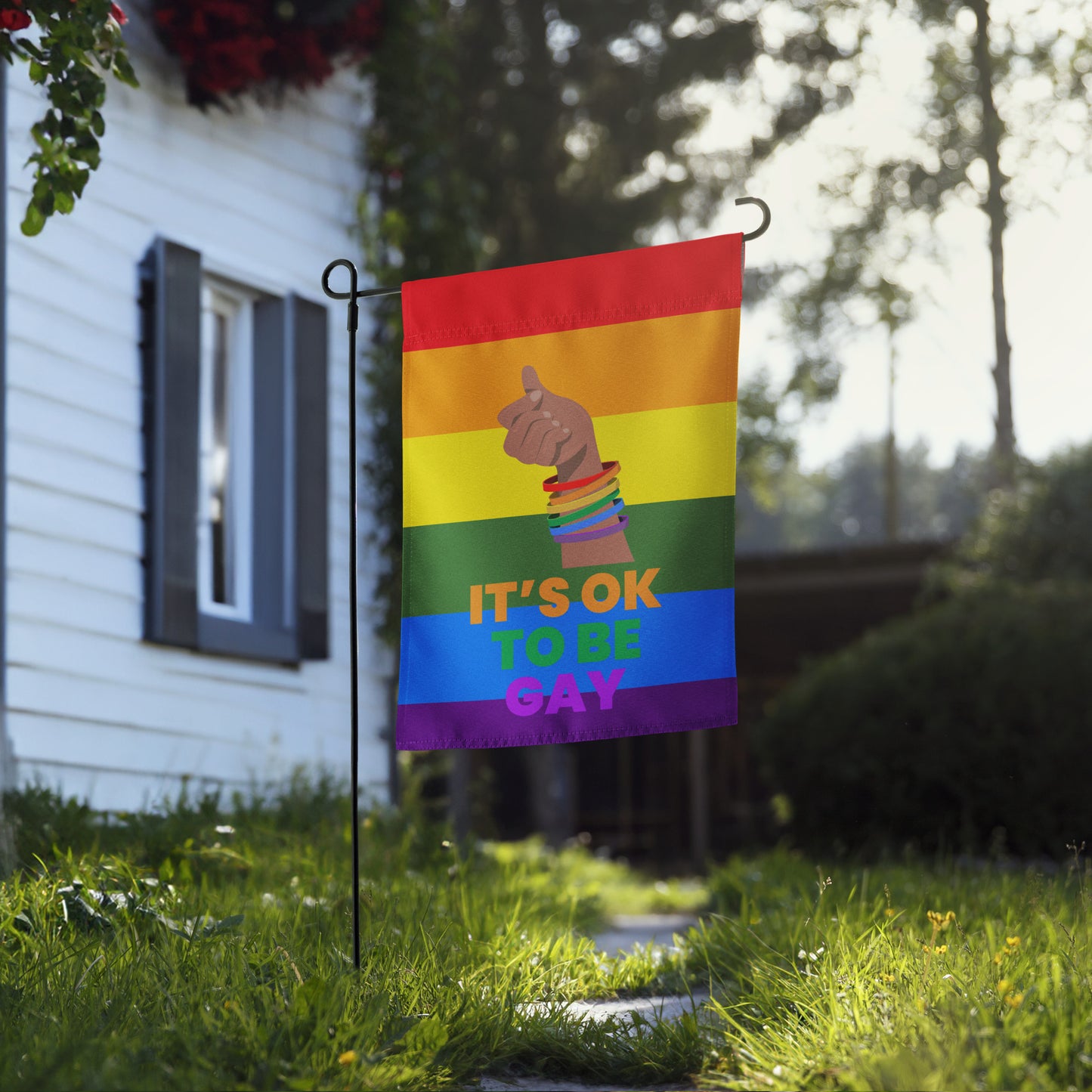 It's OK to Be Gay weather-resistant pride garden flag