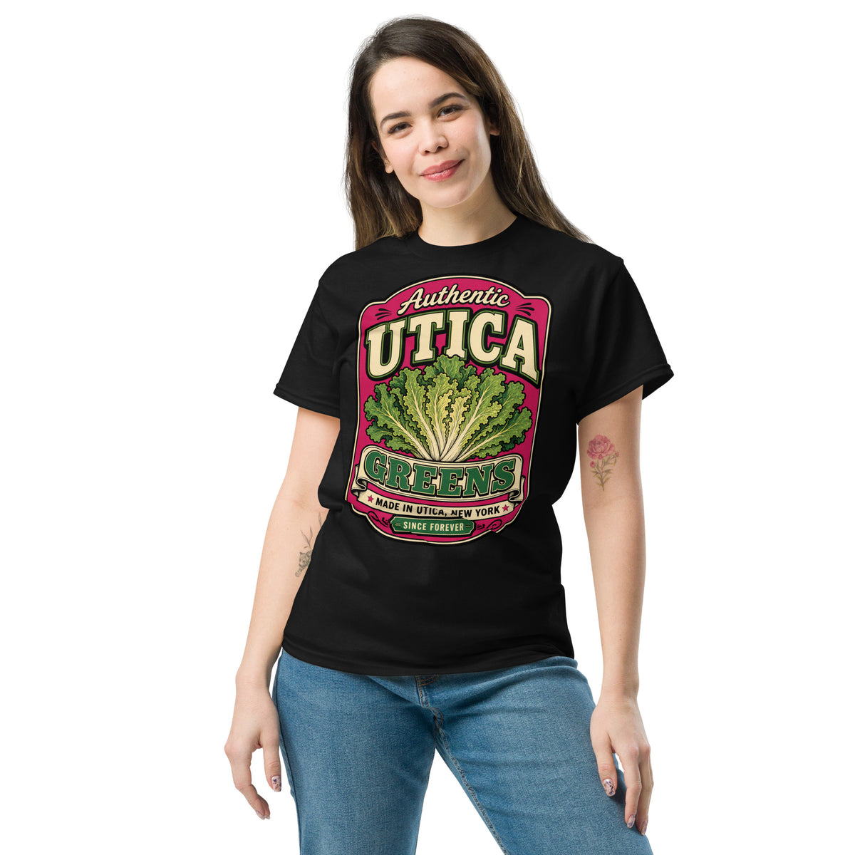 Black unisex T-shirt with Authentic Utica Greens leafy vegetable label graphic, front view on a model