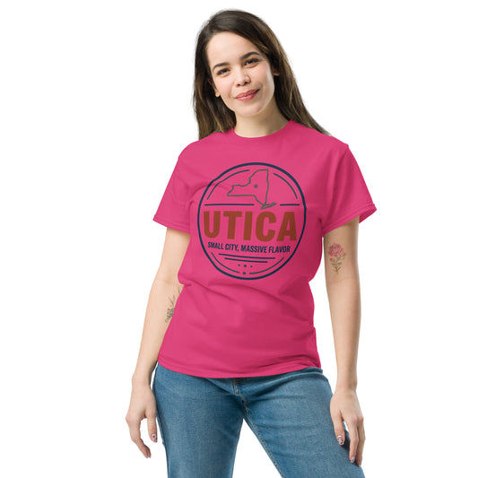 Utica Small City Massive Flavor unisex t-shirt, front