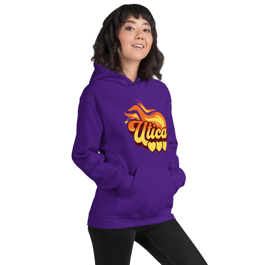 Utica Fire and Love unisex pullover hoodie, front