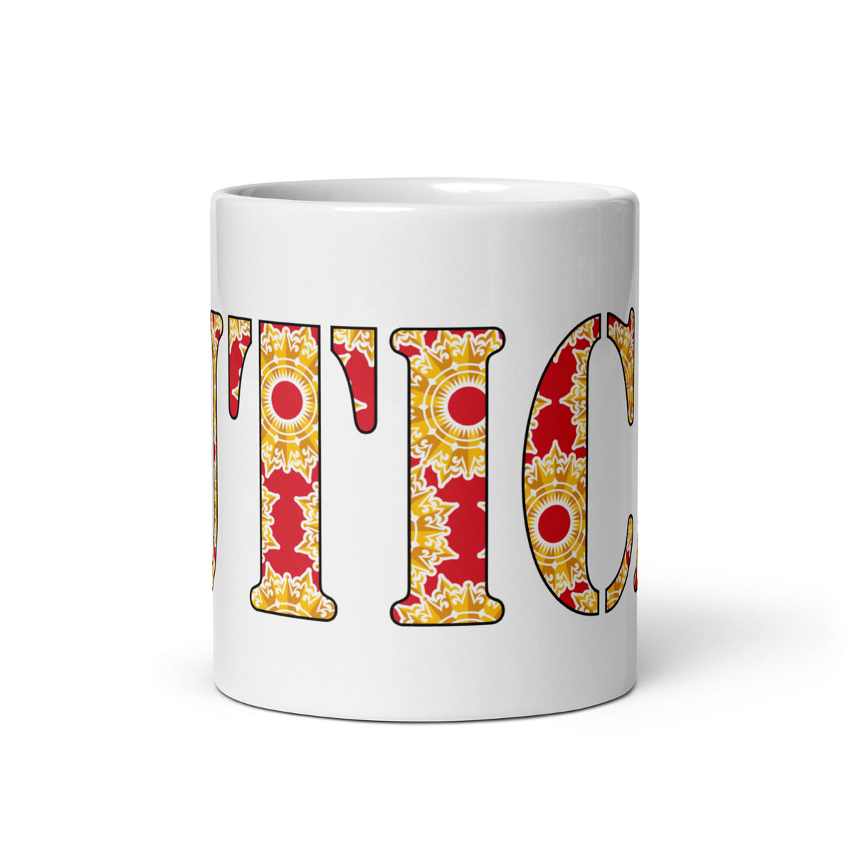 UTICA patterned-letter white glossy ceramic mug, 11 oz, front view