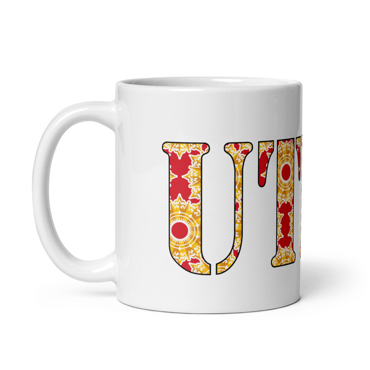 UTICA patterned-letter white glossy ceramic mug, 11 oz, handle on left