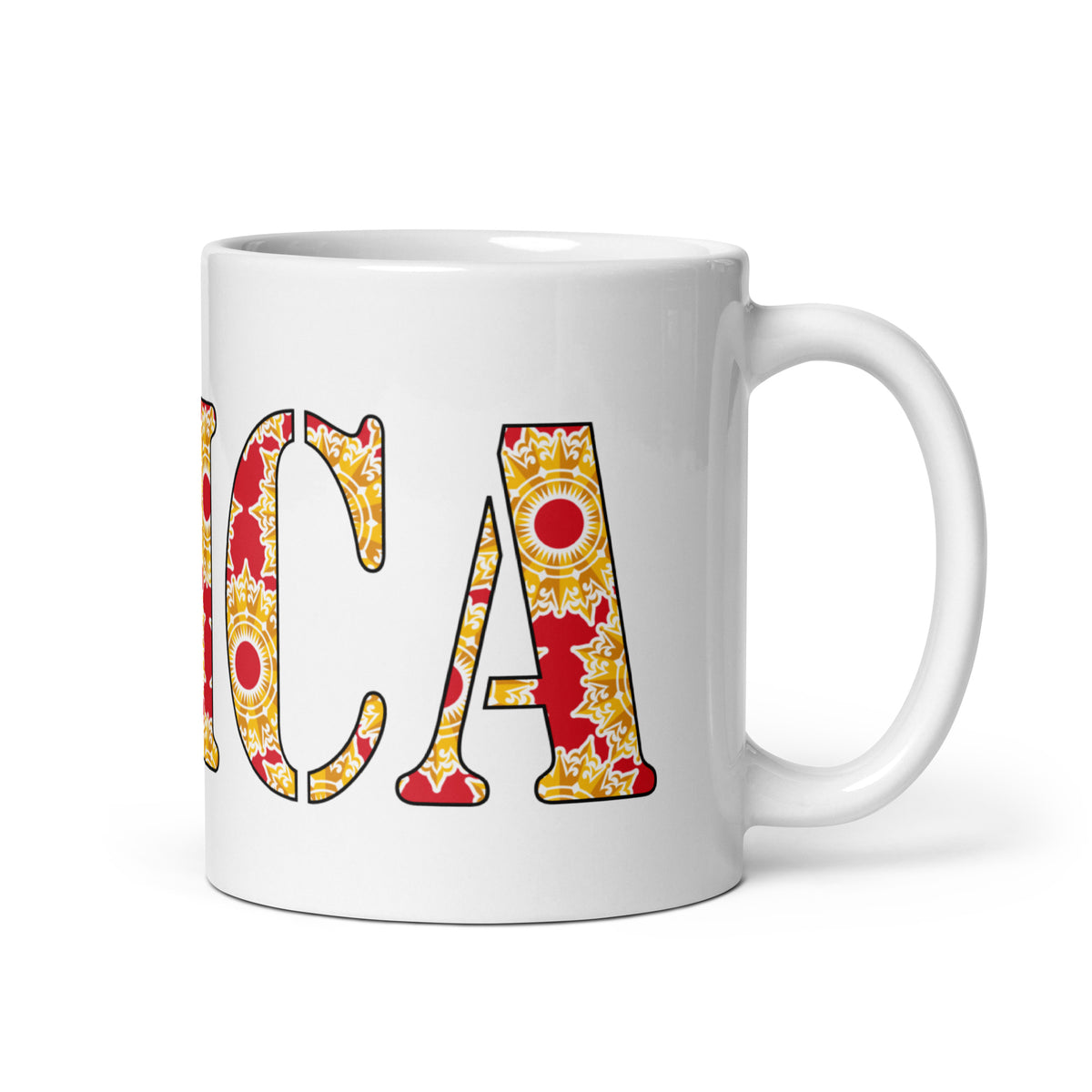 UTICA patterned-letter white glossy ceramic mug, 11 oz, handle on right