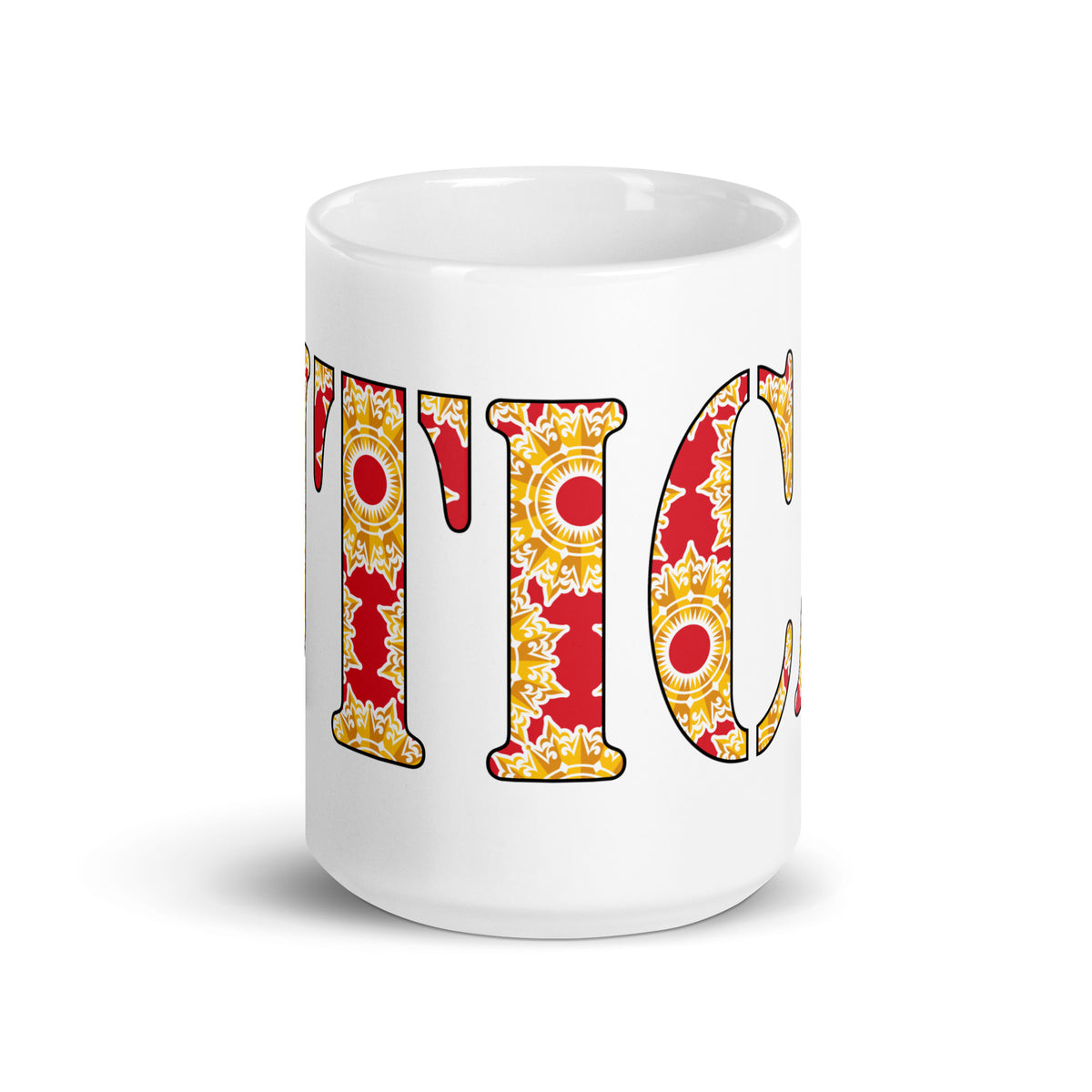 UTICA patterned-letter white glossy ceramic mug, 15 oz, front view
