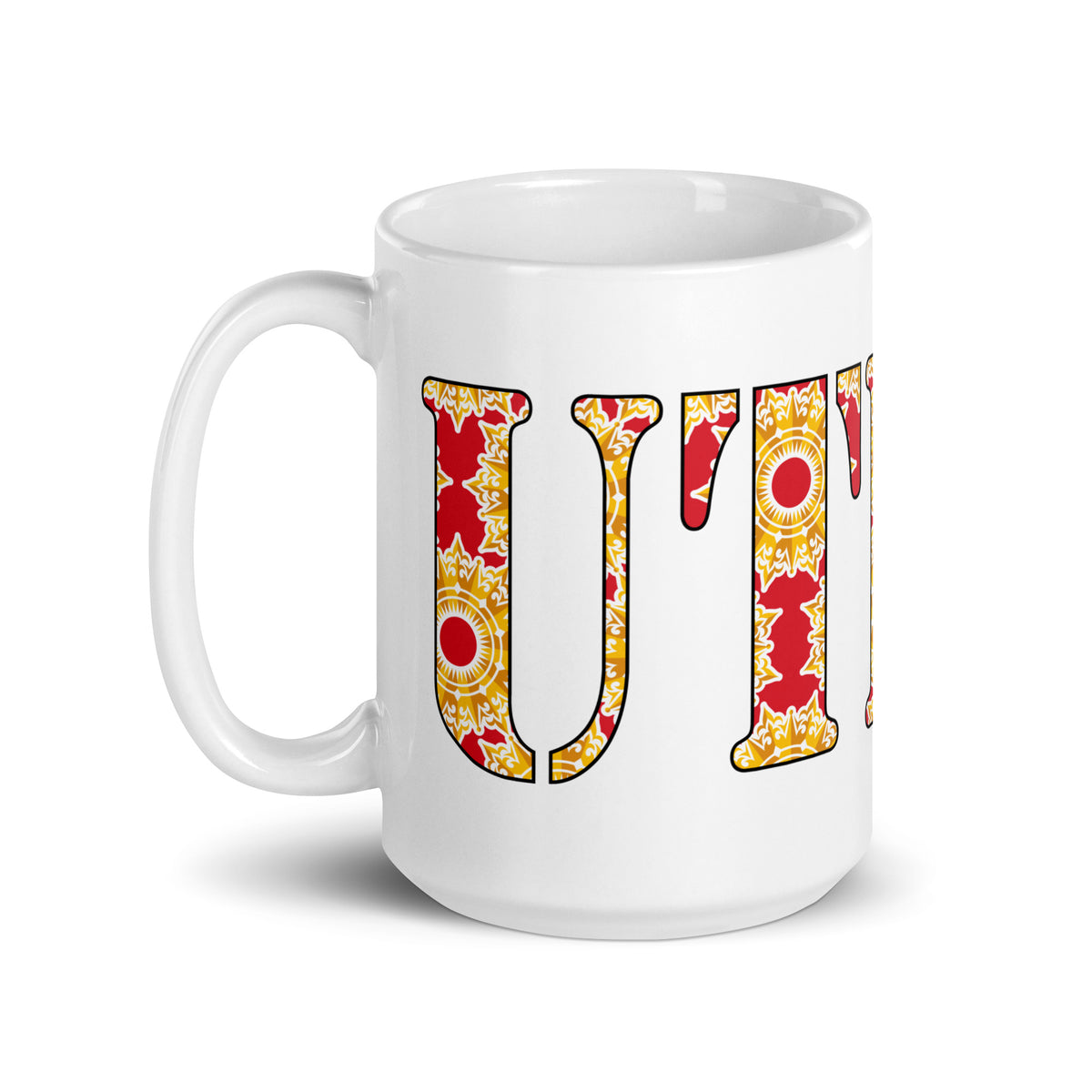 UTICA patterned-letter white glossy ceramic mug, 15 oz, handle on left