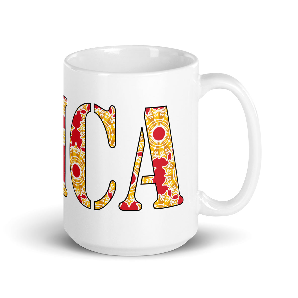 UTICA patterned-letter white glossy ceramic mug, 15 oz, handle on right