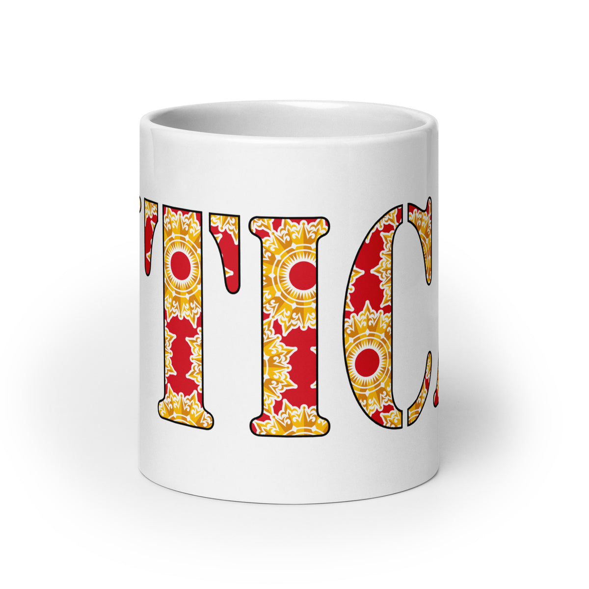 UTICA patterned-letter white glossy ceramic mug, 20 oz, front view