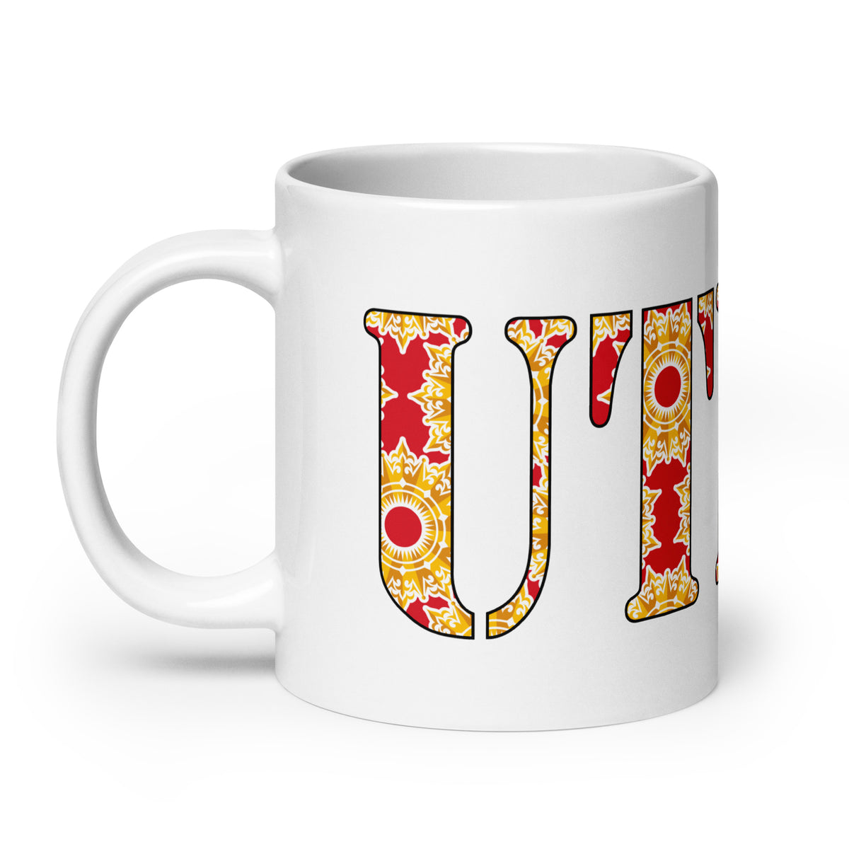 UTICA patterned-letter white glossy ceramic mug, 20 oz, handle on left