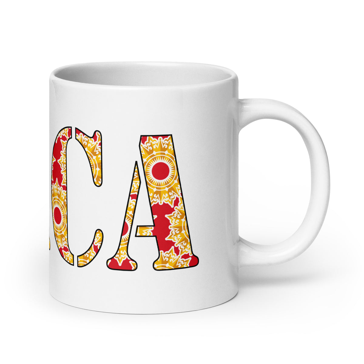 UTICA patterned-letter white glossy ceramic mug, 20 oz, handle on right