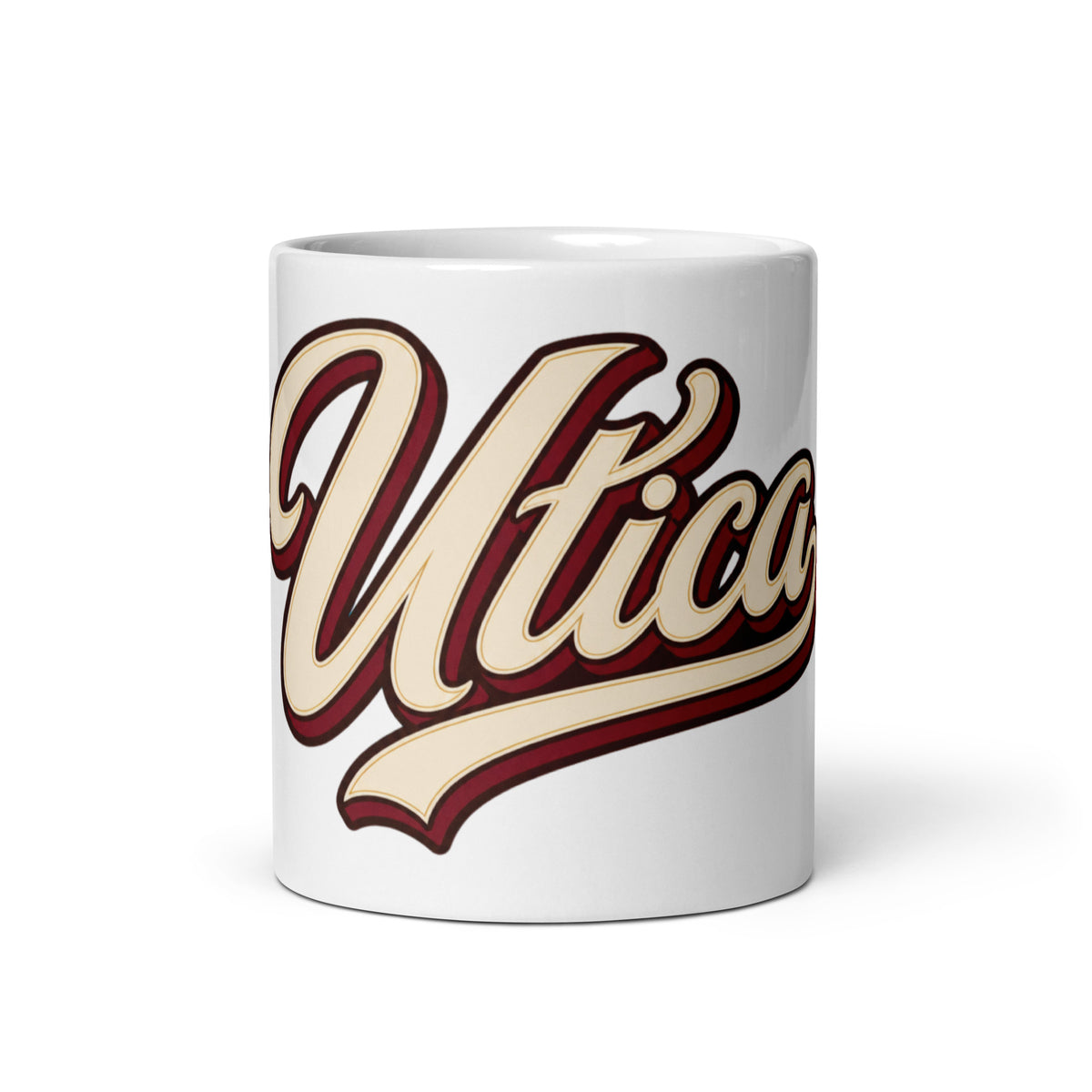 White 11 oz ceramic Utica script mug, product-only front view of Utica script