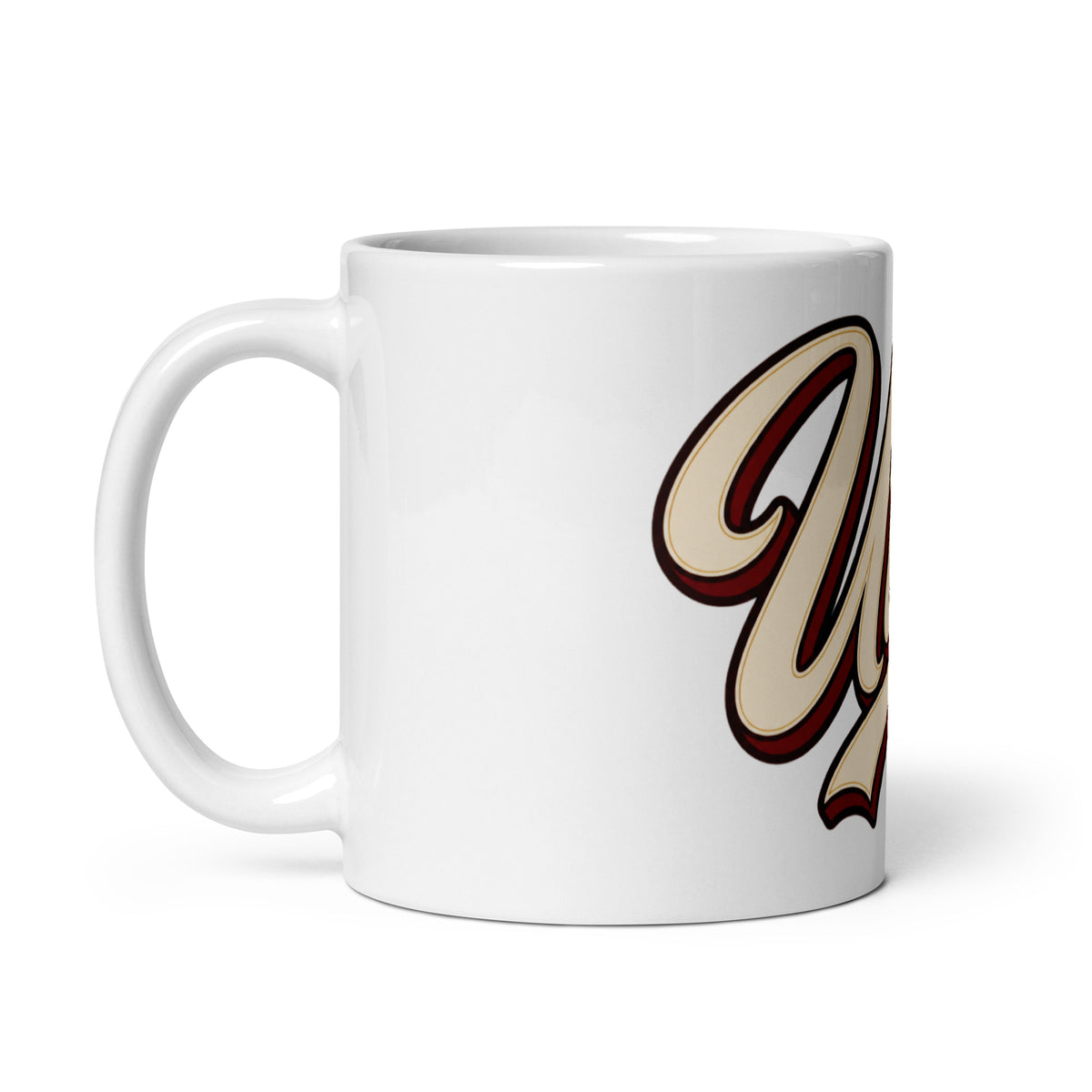 White 11 oz ceramic Utica script mug, product-only handle on left, rotated view of Utica script