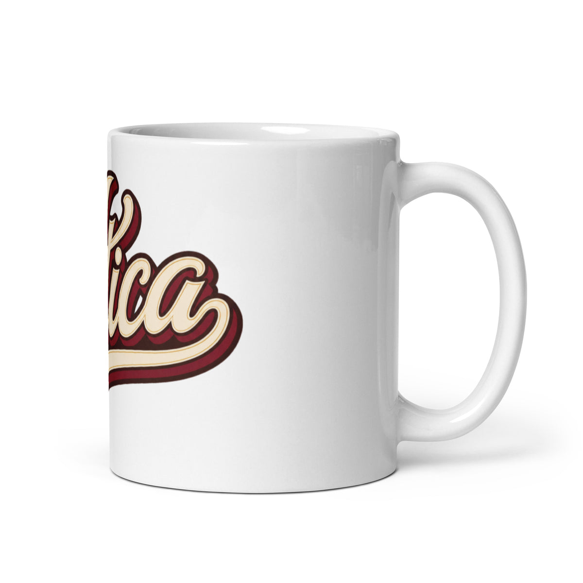 White 11 oz ceramic Utica script mug, product-only handle on right, rotated view of Utica script