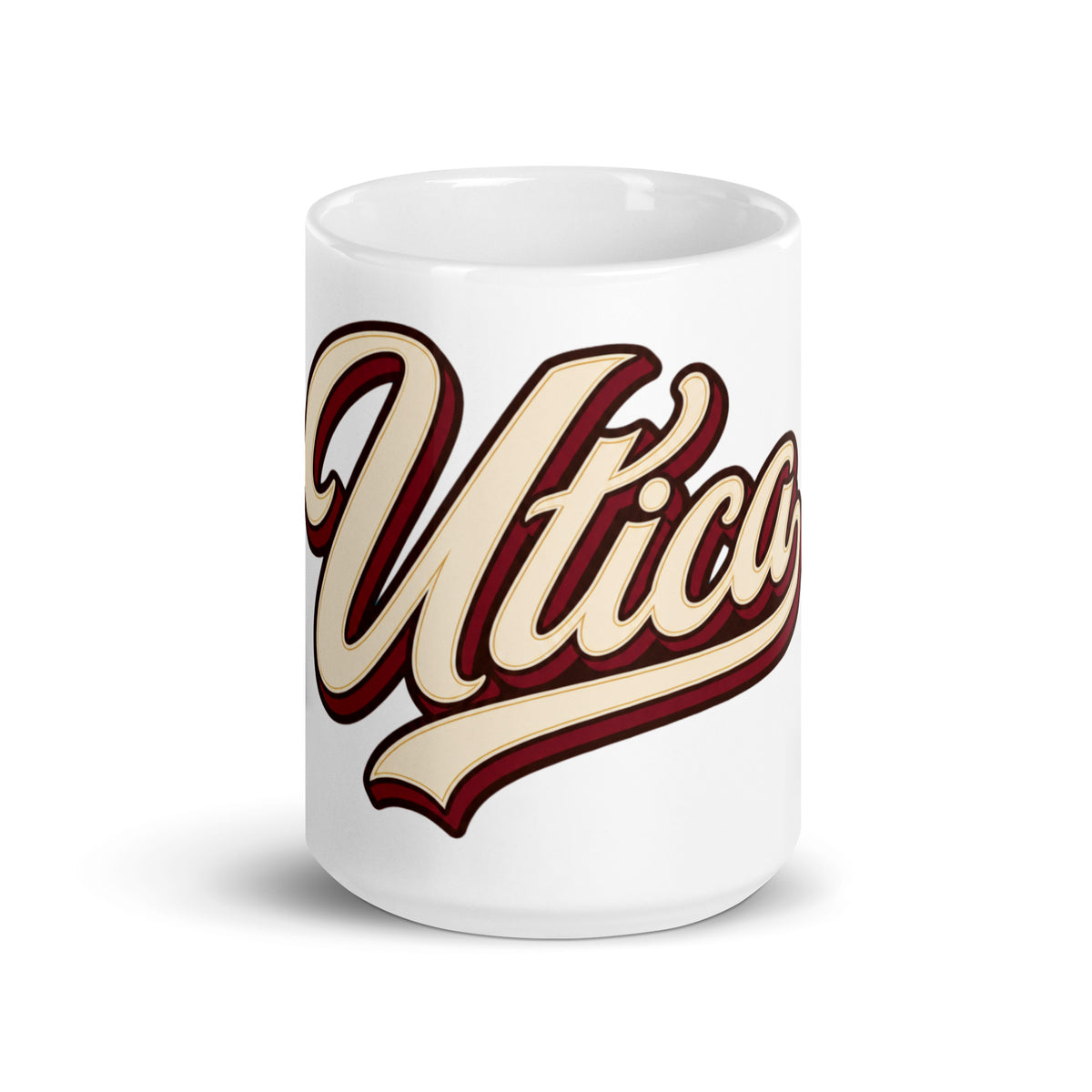 White 15 oz ceramic Utica script mug, product-only front view of Utica script