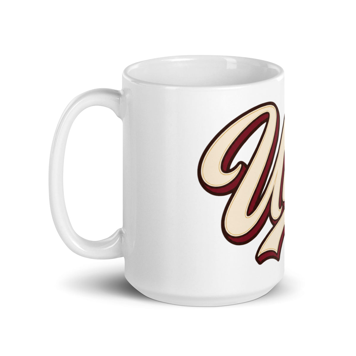 White 15 oz ceramic Utica script mug, product-only handle on left, rotated view of Utica script