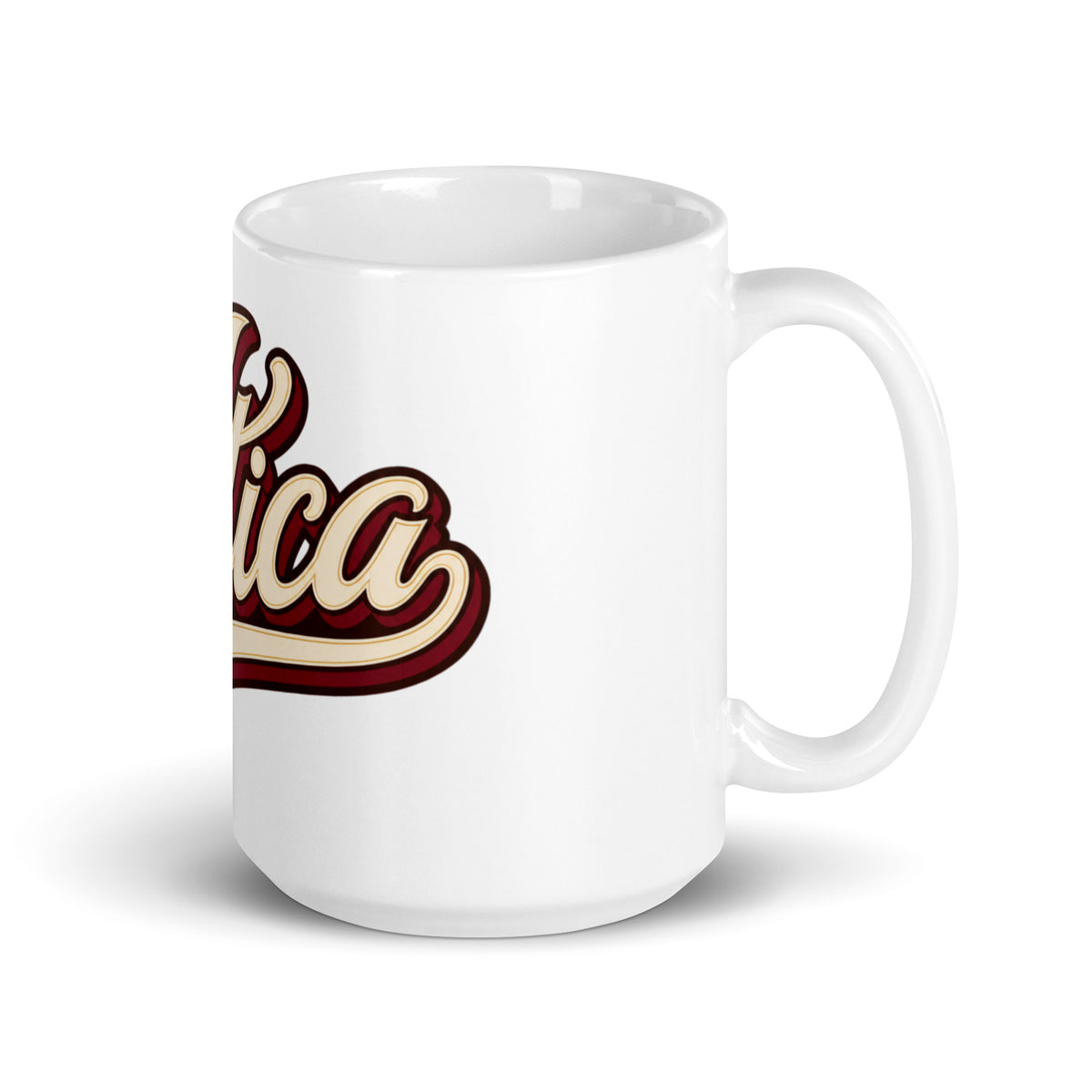 White 15 oz ceramic Utica script mug, product-only handle on right, rotated view of Utica script
