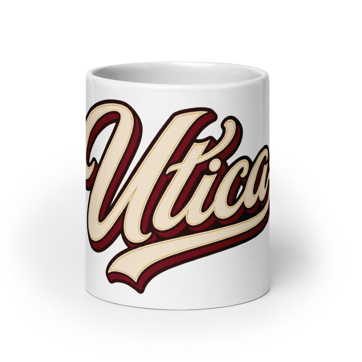 White 20 oz ceramic Utica script mug, product-only front view of Utica script