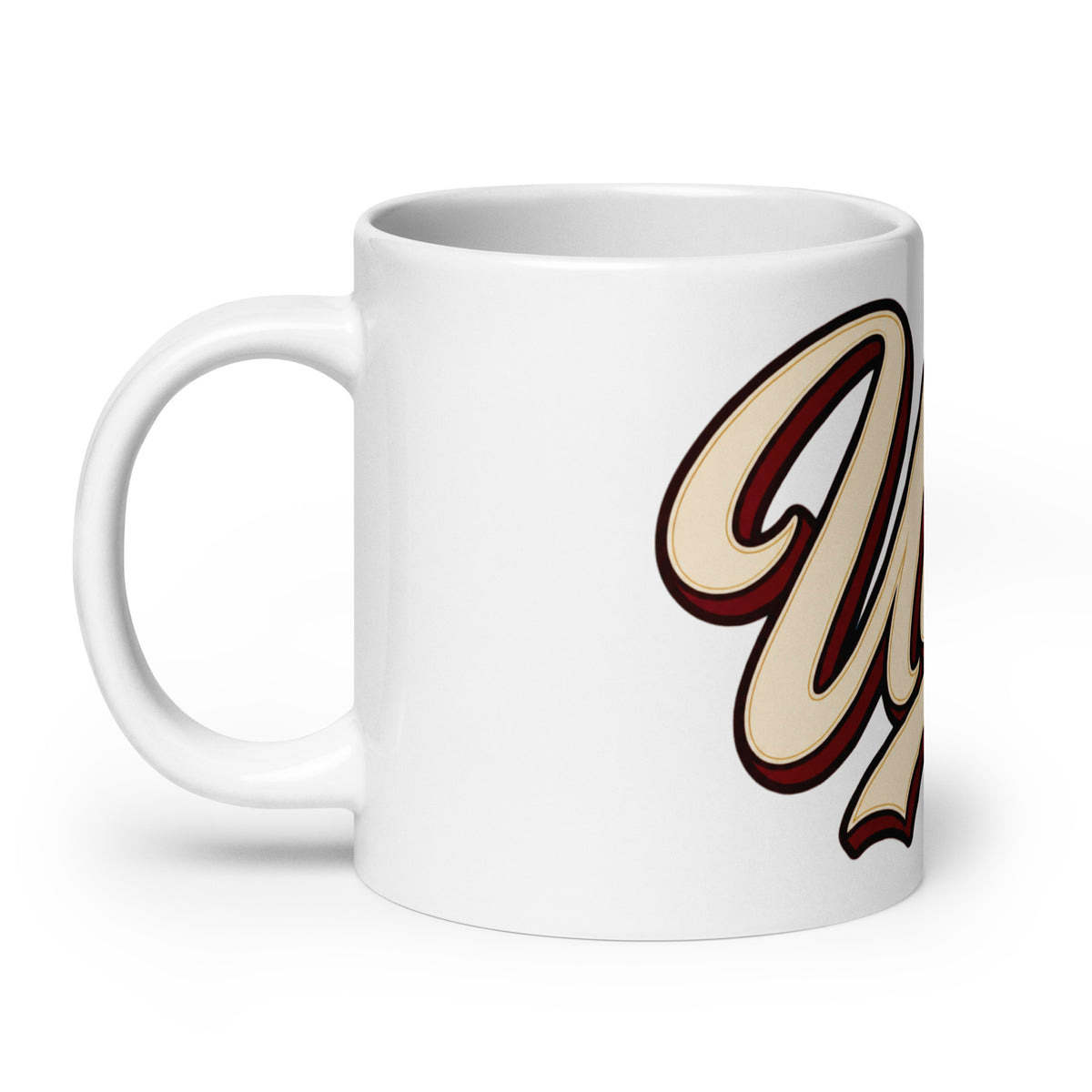 White 20 oz ceramic Utica script mug, product-only handle on left, rotated view of Utica script