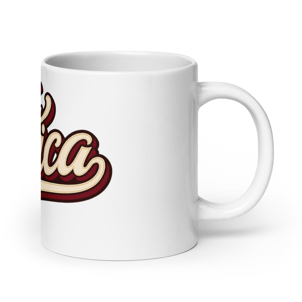 White 20 oz ceramic Utica script mug, product-only handle on right, rotated view of Utica script