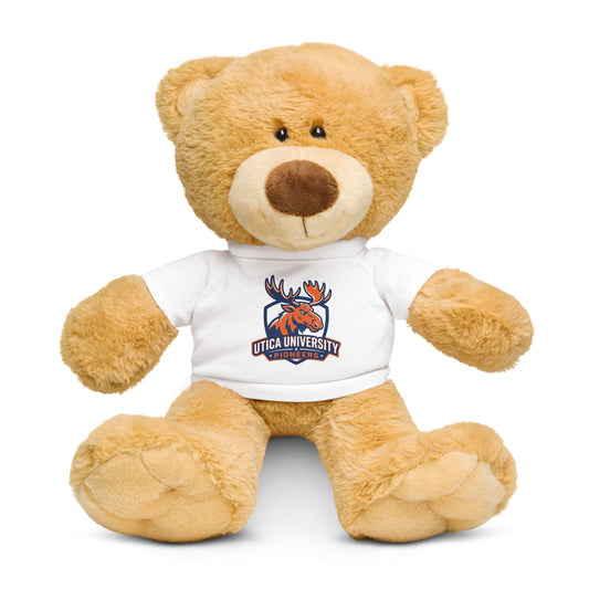 Full front view of golden-brown teddy bear wearing a white T-shirt with orange and navy Utica University Pioneers moose graphic