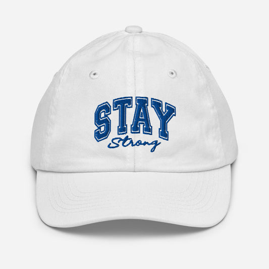 “STAY Strong” youth baseball cap in White, front product view