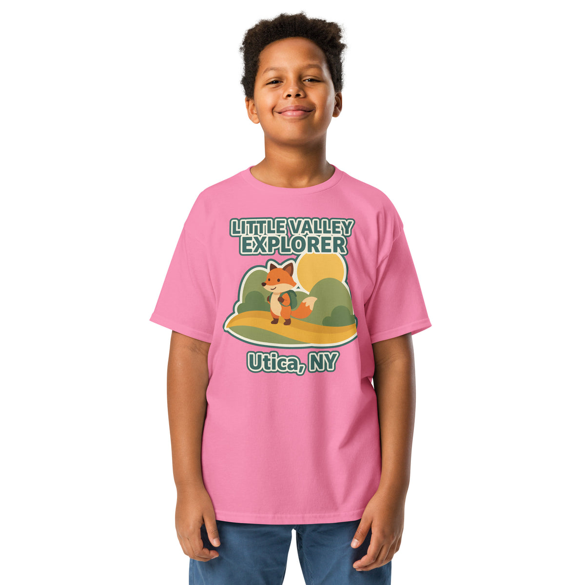 Azalea pink youth T-shirt with Little Valley Explorer fox graphic and Utica, NY lettering, front view on a model