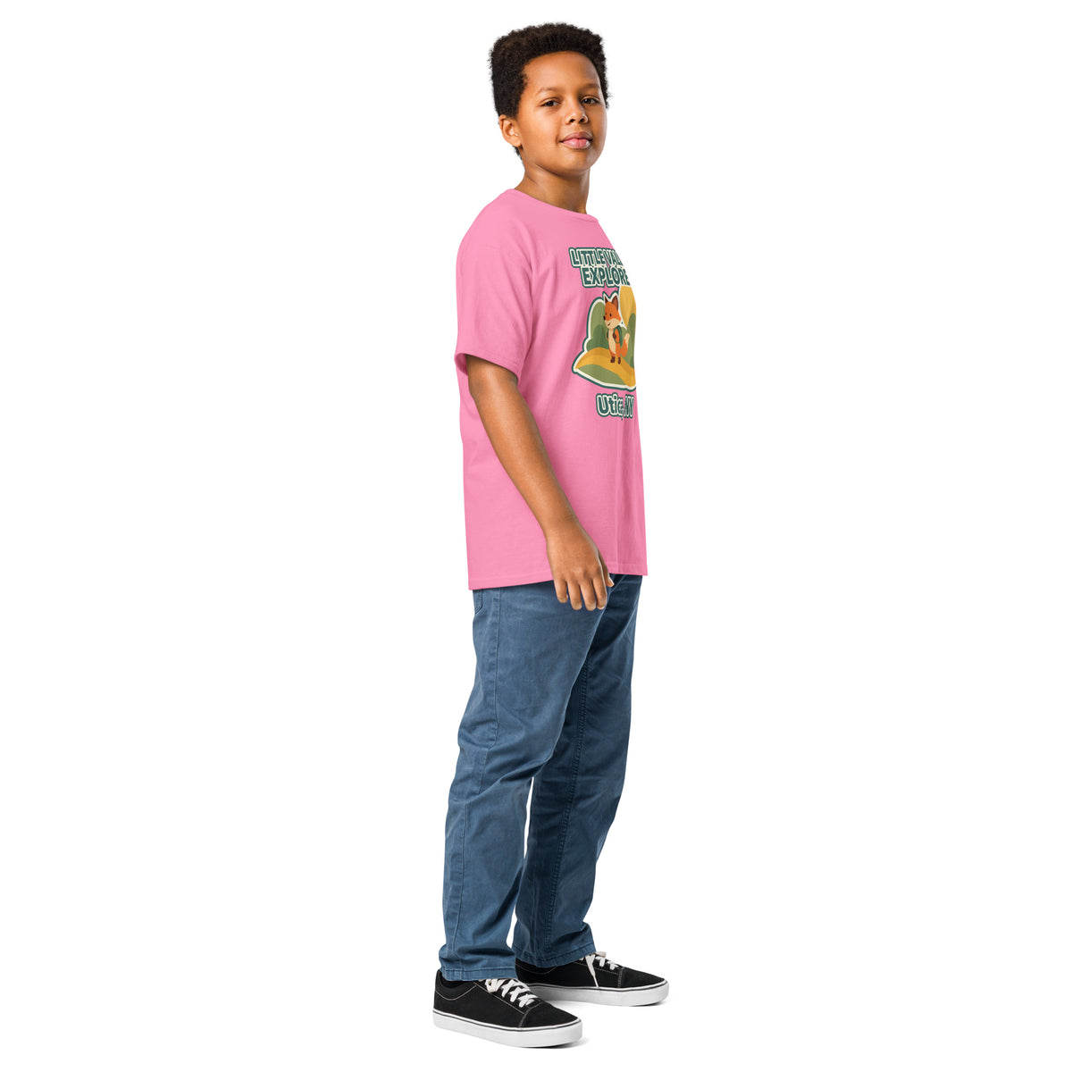 Azalea pink youth T-shirt with Little Valley Explorer fox graphic and Utica, NY lettering, side view on a model
