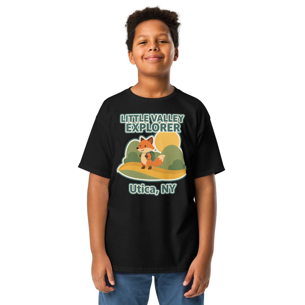 Black youth T-shirt with Little Valley Explorer fox graphic and Utica, NY lettering, front view on a model