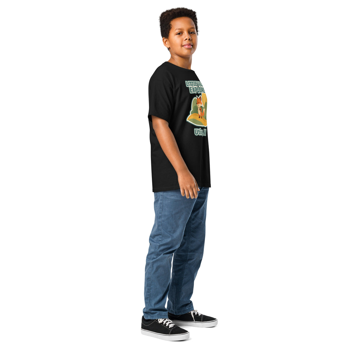 Black youth T-shirt with Little Valley Explorer fox graphic and Utica, NY lettering, side view on a model