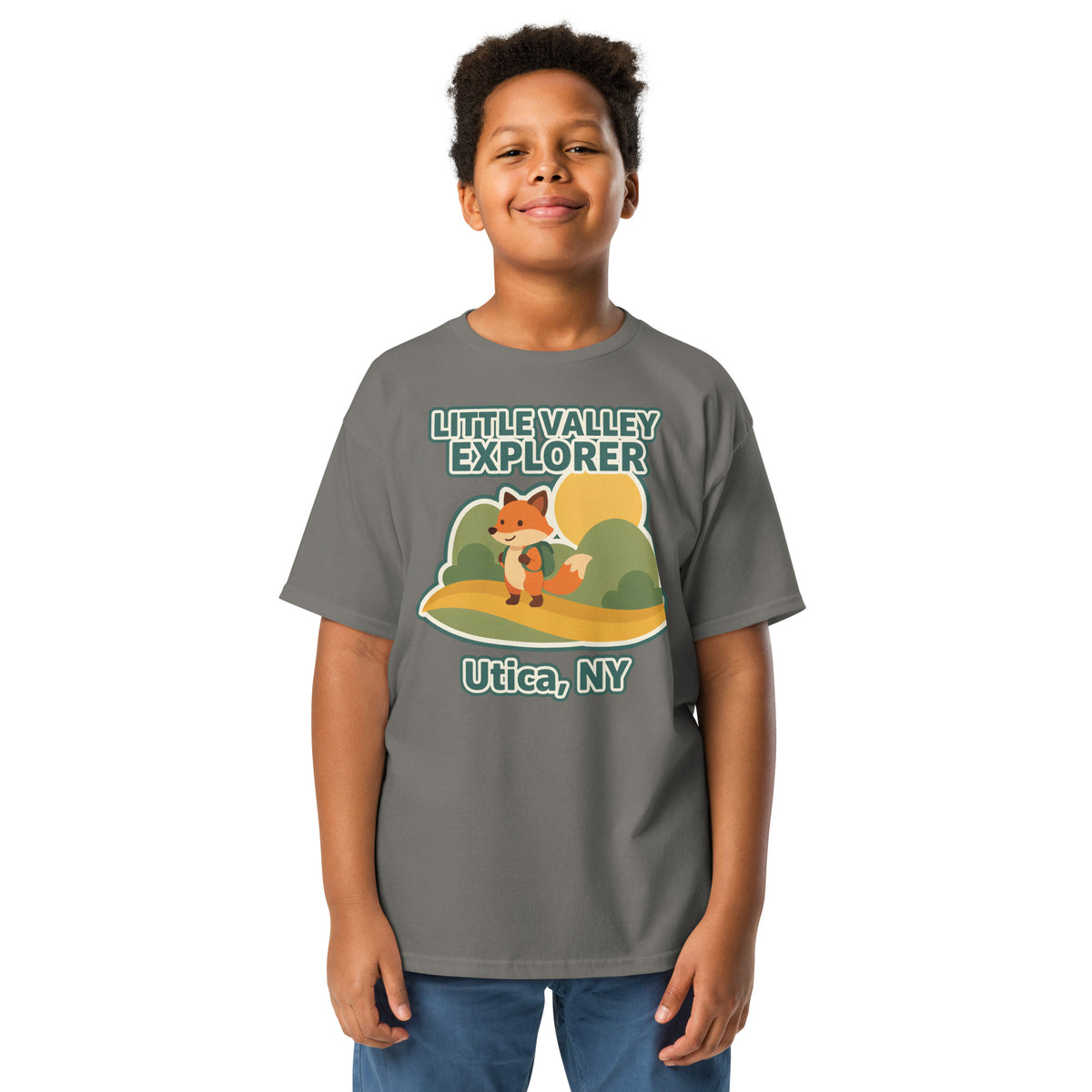 Charcoal youth T-shirt with Little Valley Explorer fox graphic and Utica, NY lettering, front view on a model