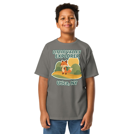 Charcoal youth T-shirt with Little Valley Explorer fox graphic and Utica, NY lettering, front view on a model