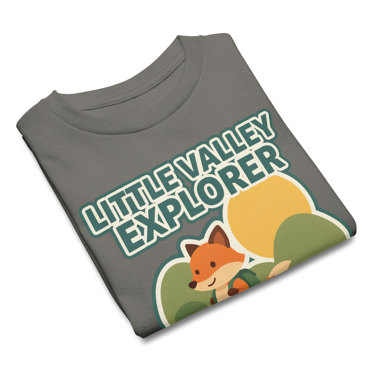 Folded charcoal youth T-shirt showing Little Valley Explorer lettering and fox graphic