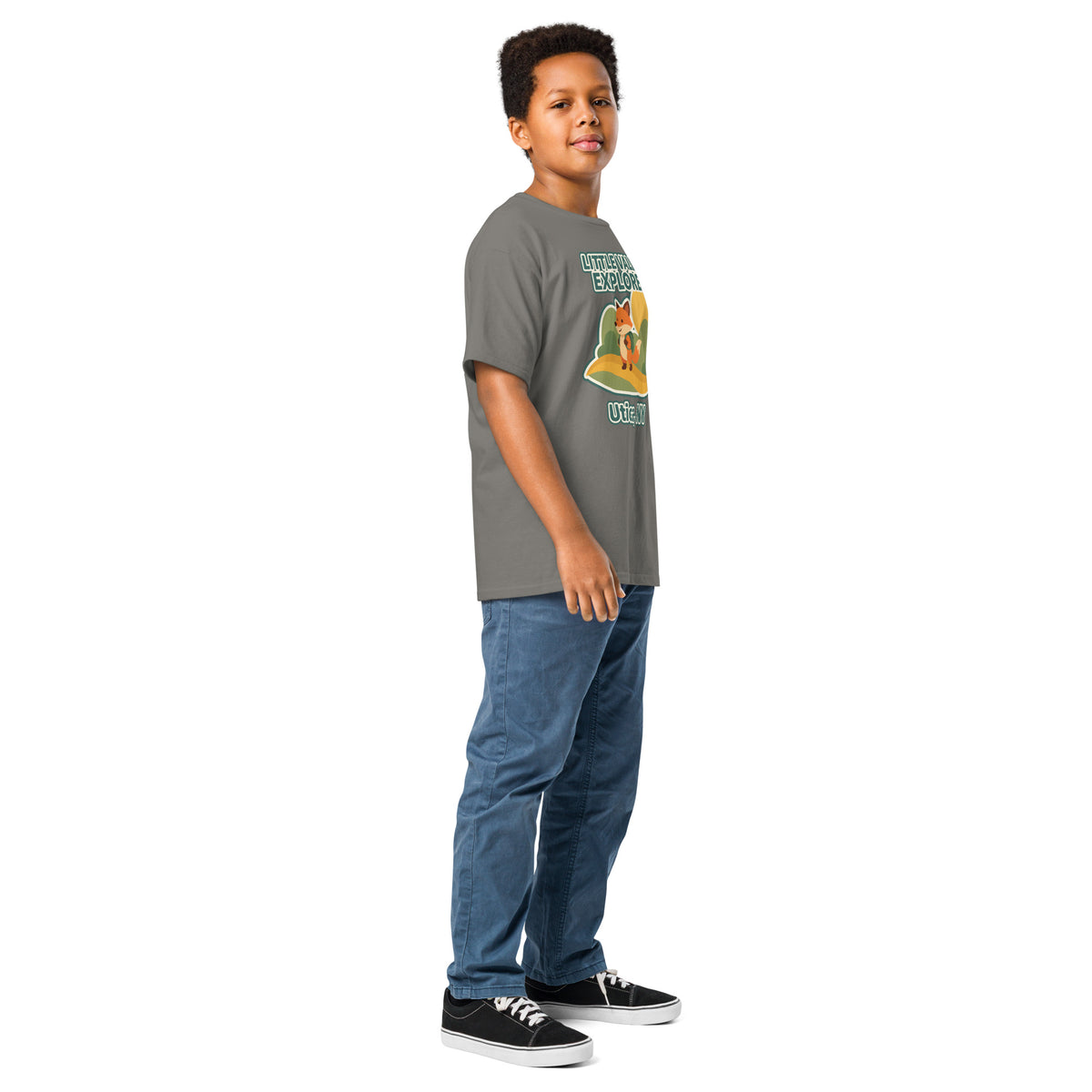 Charcoal youth T-shirt with Little Valley Explorer fox graphic and Utica, NY lettering, side view on a model