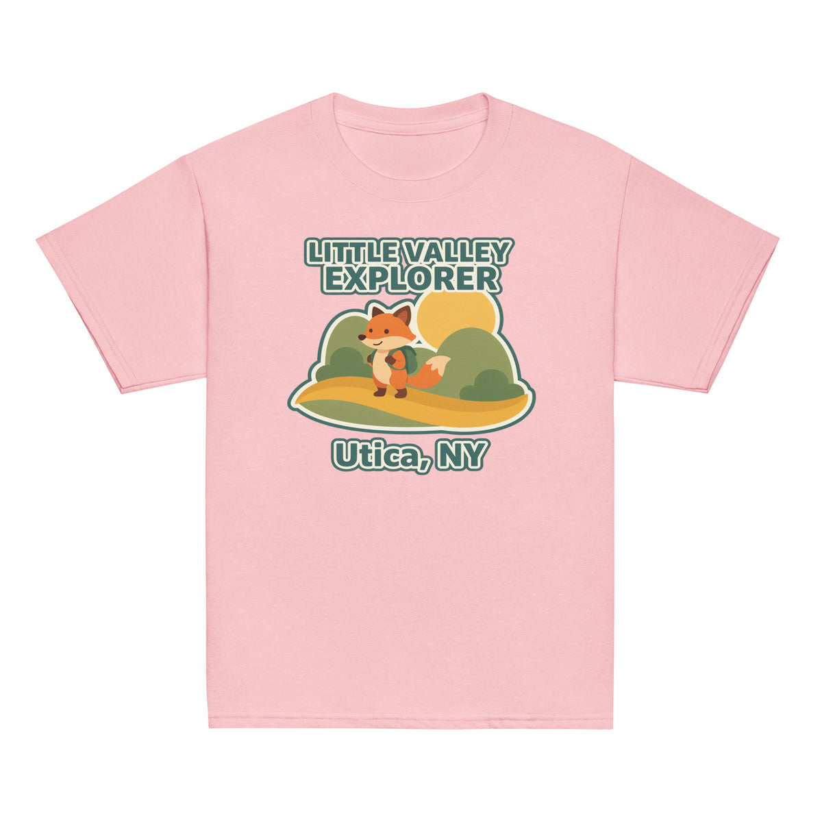Light pink youth T-shirt with Little Valley Explorer fox graphic and Utica, NY lettering, front view