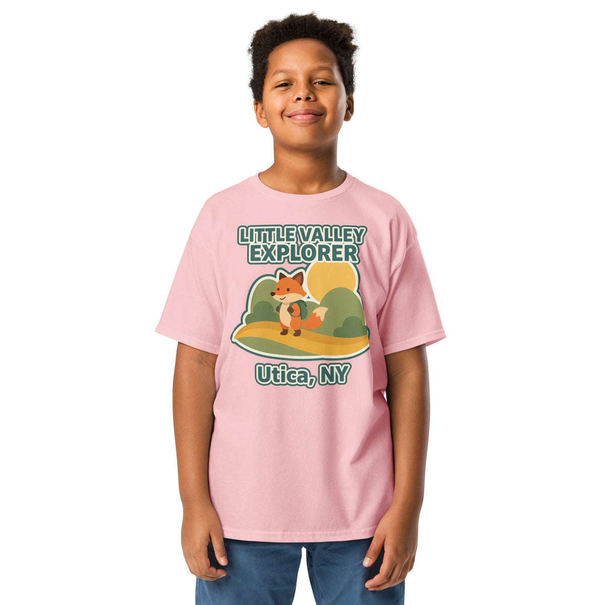 Light pink youth T-shirt with Little Valley Explorer fox graphic and Utica, NY lettering, front view on a model
