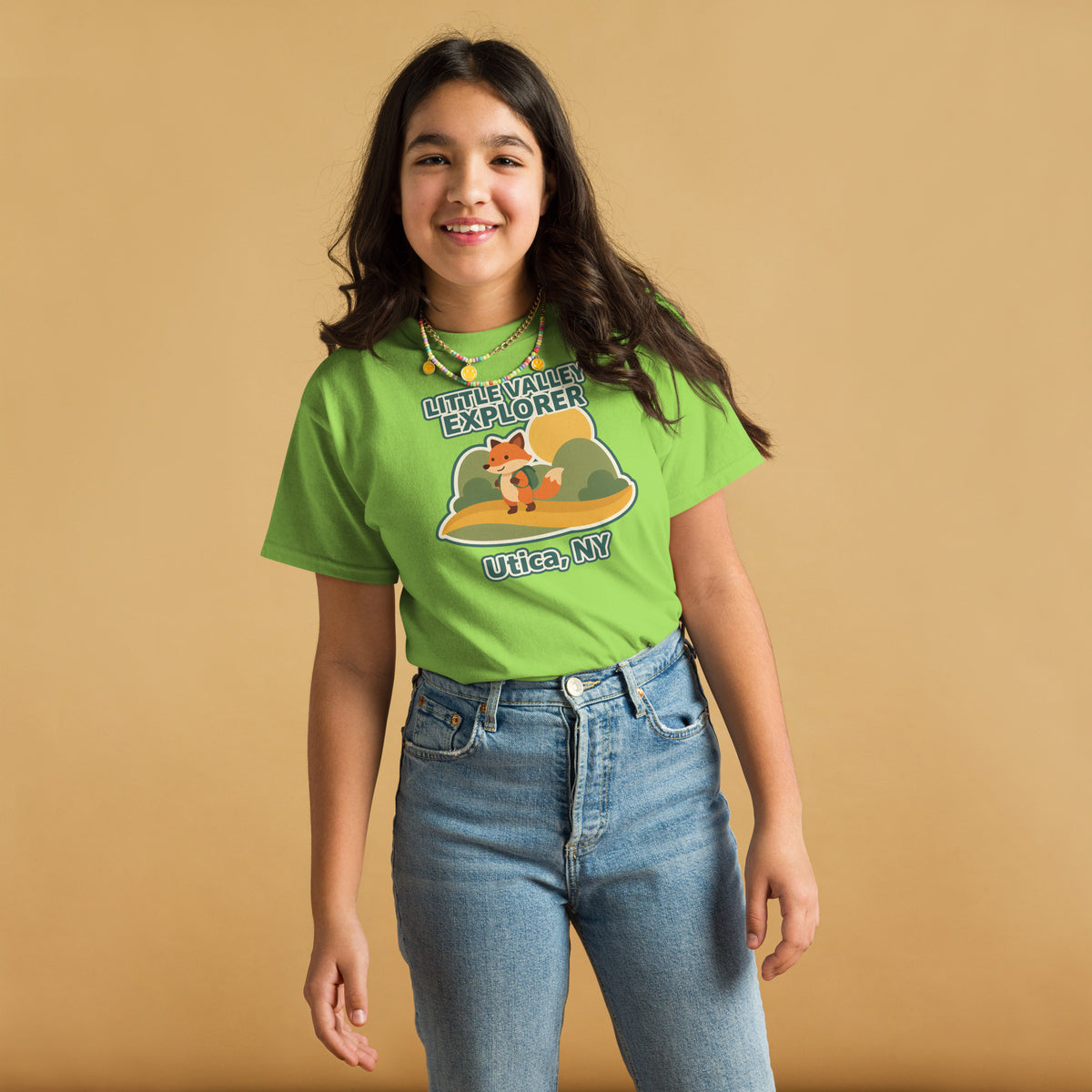 Lime youth T-shirt with Little Valley Explorer fox graphic and Utica, NY lettering, front view on a model