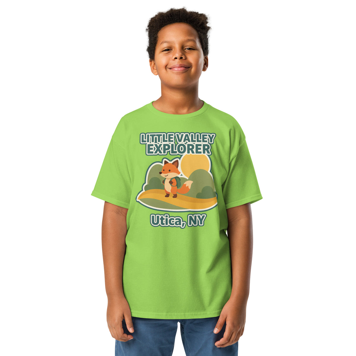 Lime youth T-shirt with Little Valley Explorer fox graphic and Utica, NY lettering, front view on a model