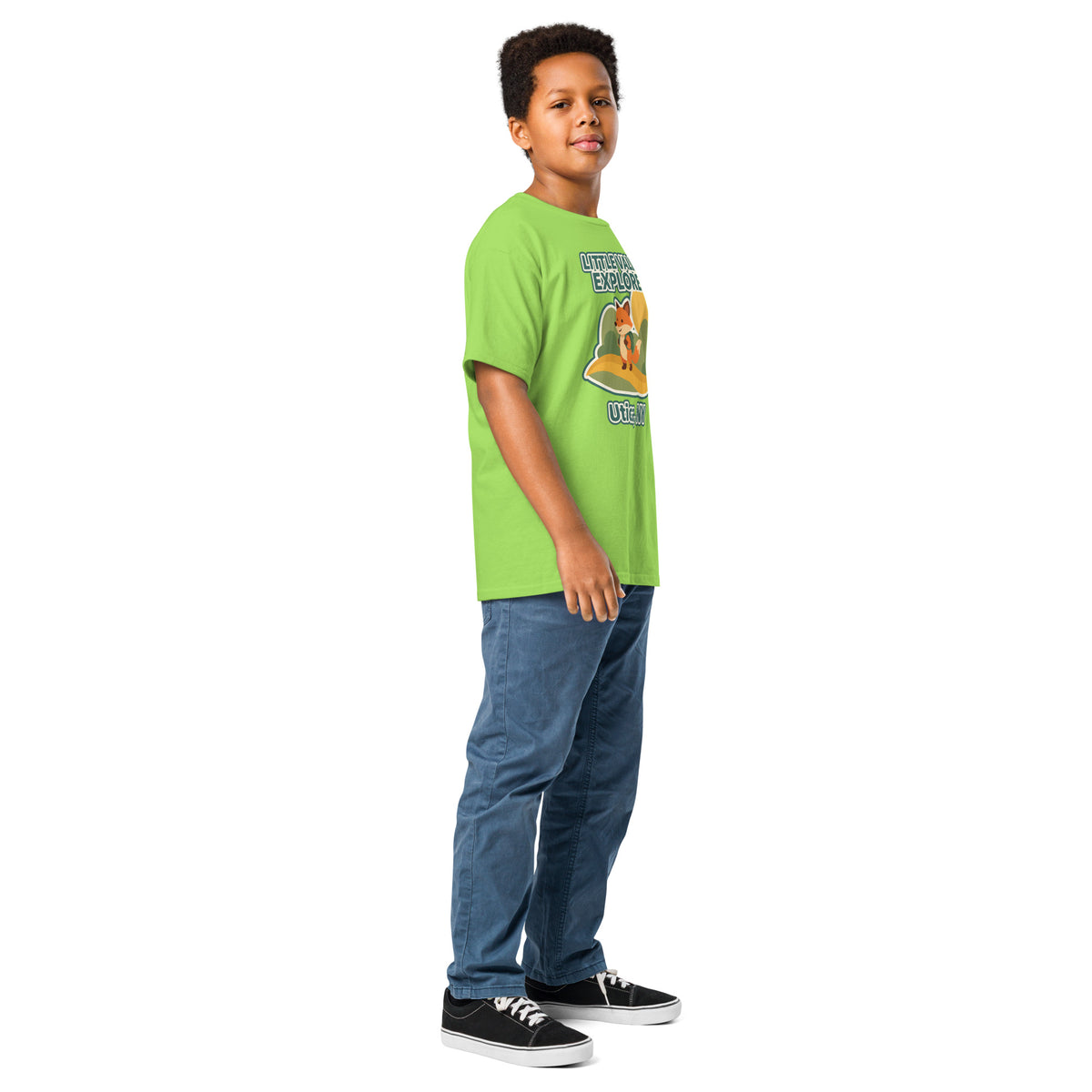 Lime youth T-shirt with Little Valley Explorer fox graphic and Utica, NY lettering, side view on a model