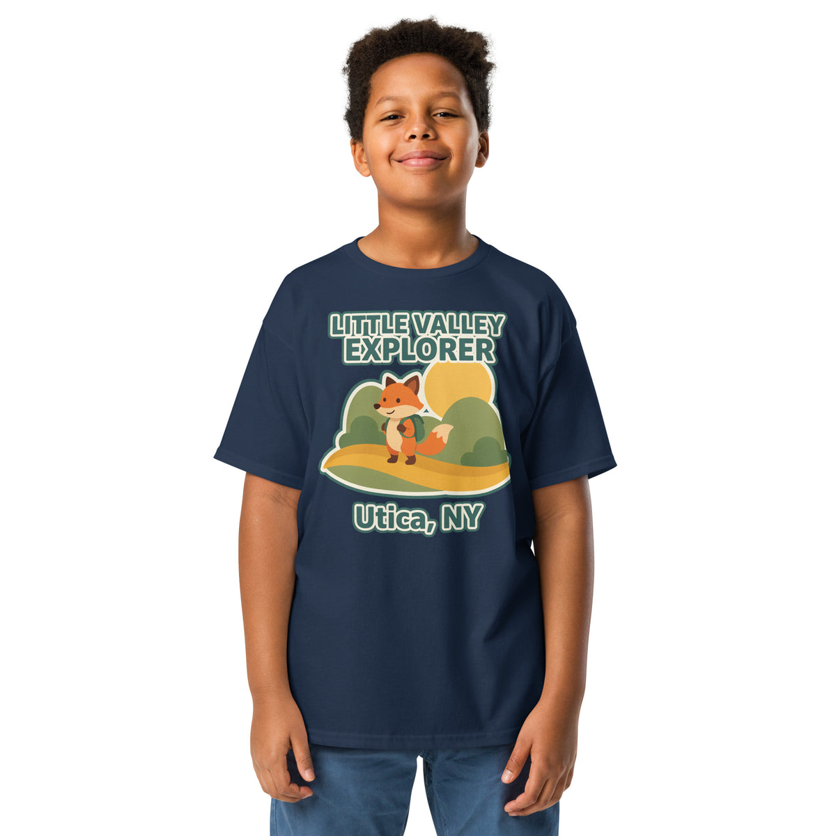 Navy youth T-shirt with Little Valley Explorer fox graphic and Utica, NY lettering, front view on a model