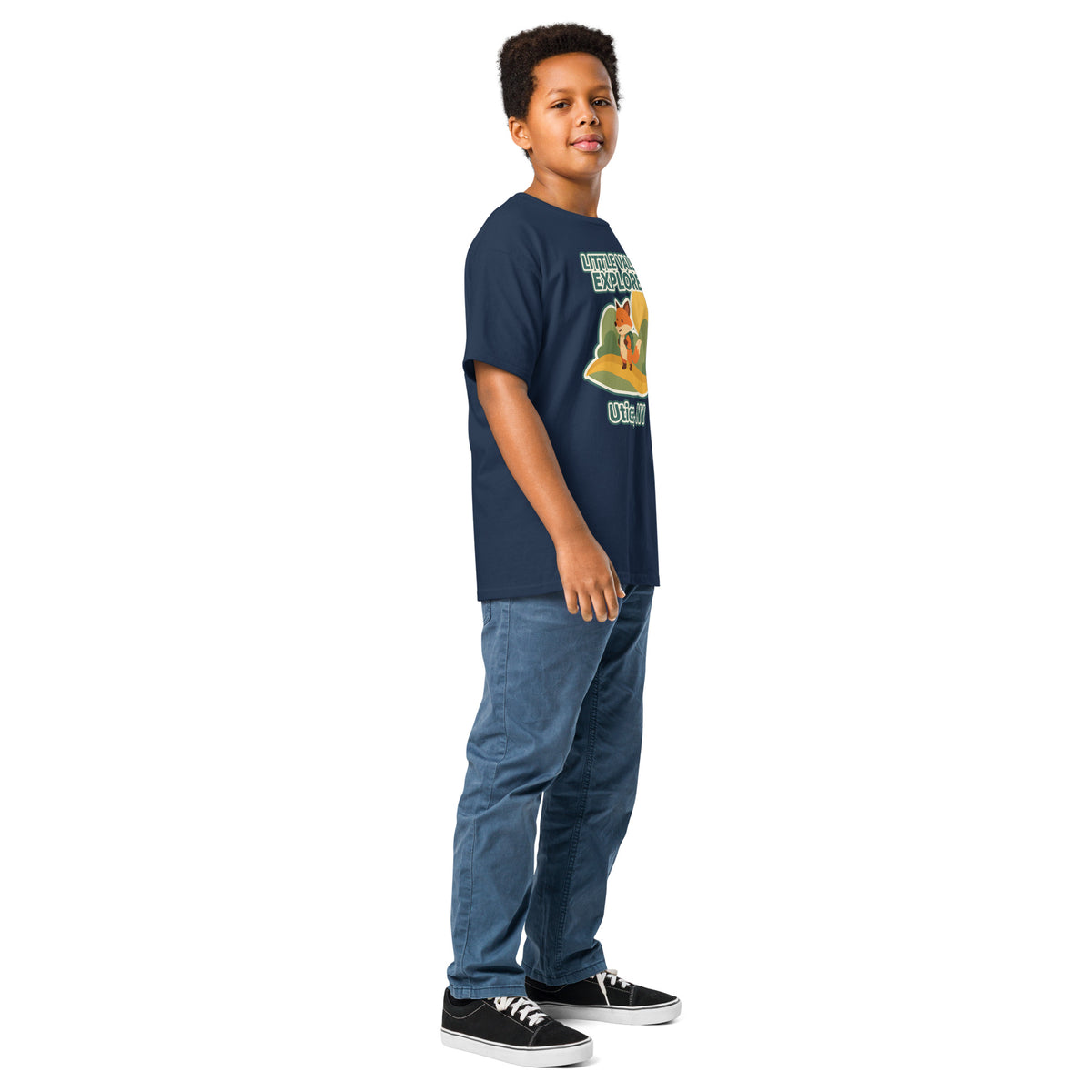 Navy youth T-shirt with Little Valley Explorer fox graphic and Utica, NY lettering, side view on a model