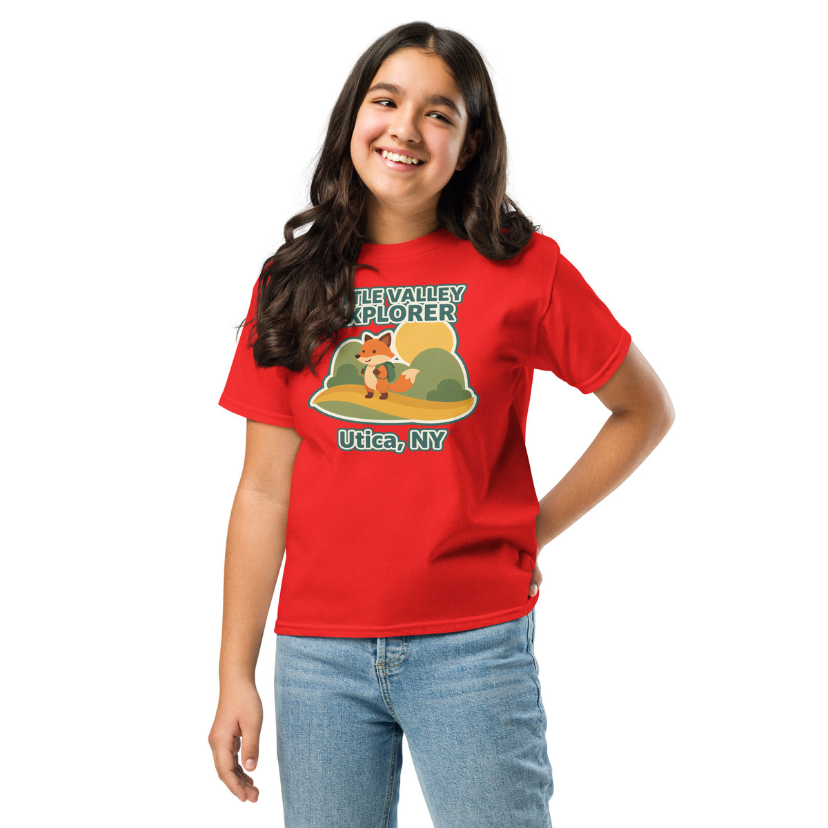 Red youth T-shirt with Little Valley Explorer fox graphic and Utica, NY lettering, front view on a model
