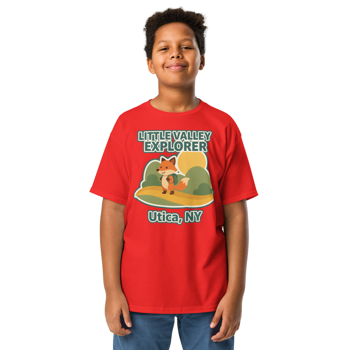 Red youth T-shirt with Little Valley Explorer fox graphic and Utica, NY lettering, front view on a model