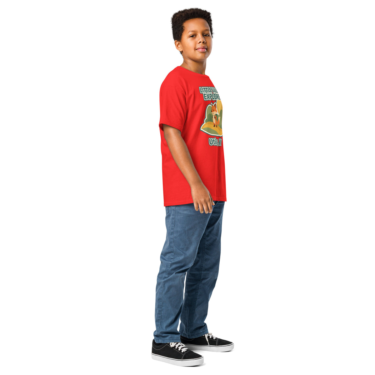 Red youth T-shirt with Little Valley Explorer fox graphic and Utica, NY lettering, side view on a model