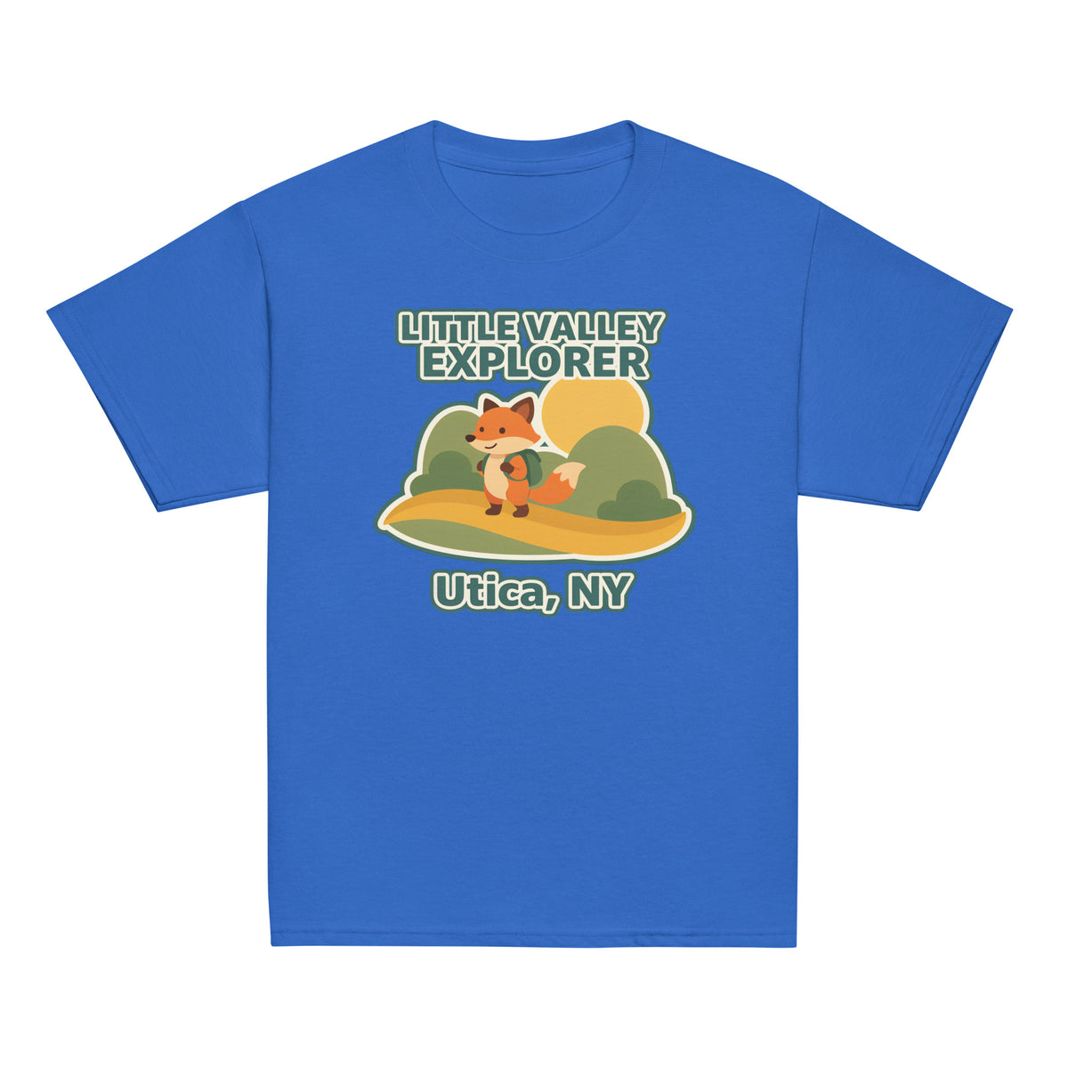 Royal blue youth T-shirt with Little Valley Explorer fox graphic and Utica, NY lettering, front view