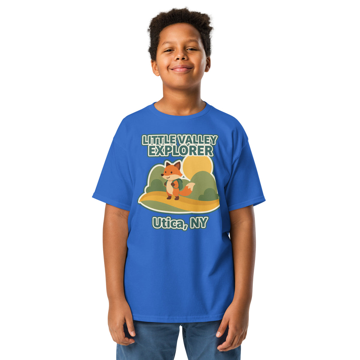 Royal blue youth T-shirt with Little Valley Explorer fox graphic and Utica, NY lettering, front view on a model