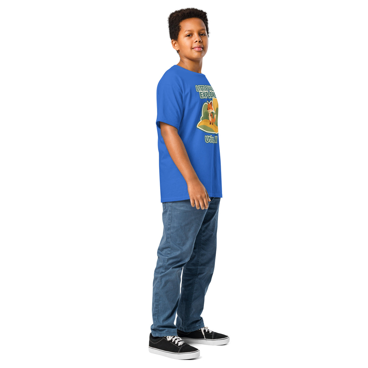 Royal blue youth T-shirt with Little Valley Explorer fox graphic and Utica, NY lettering, side view on a model