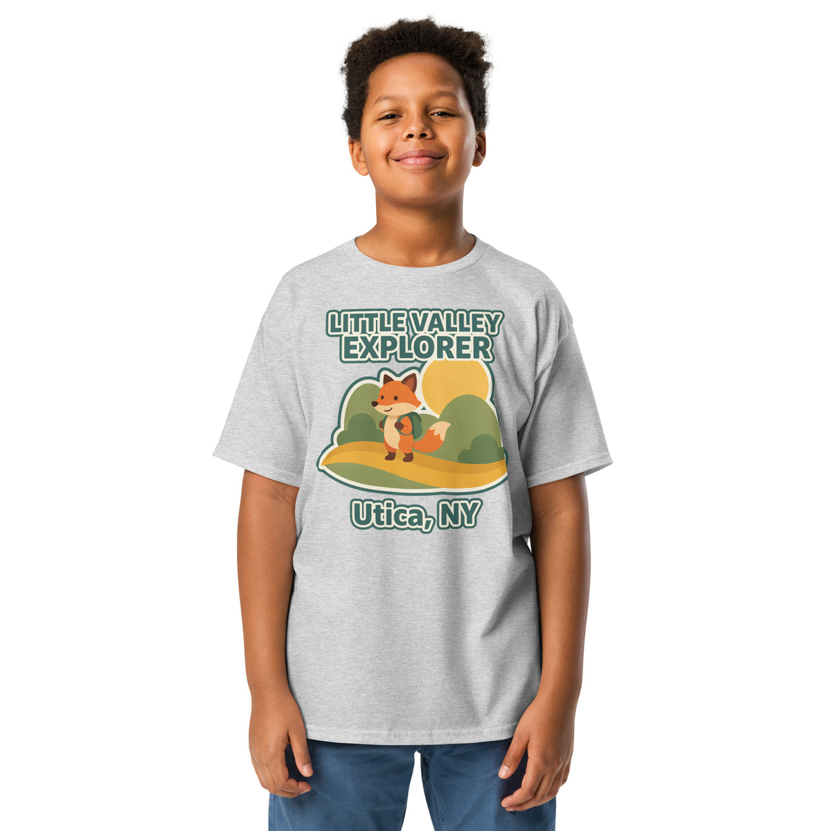 Sport grey youth T-shirt with Little Valley Explorer fox graphic and Utica, NY lettering, front view on a model
