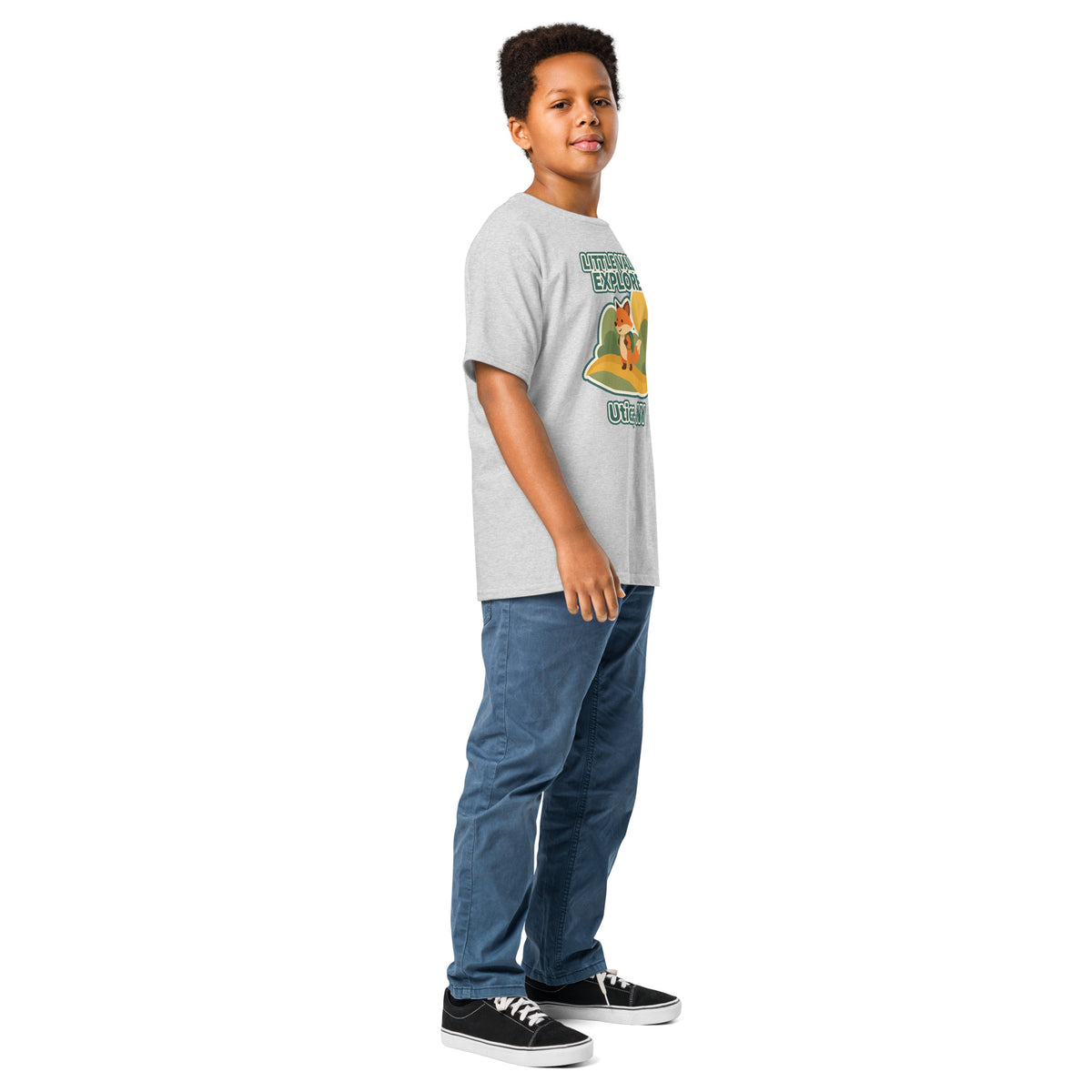 Sport grey youth T-shirt with Little Valley Explorer fox graphic and Utica, NY lettering, side view on a model