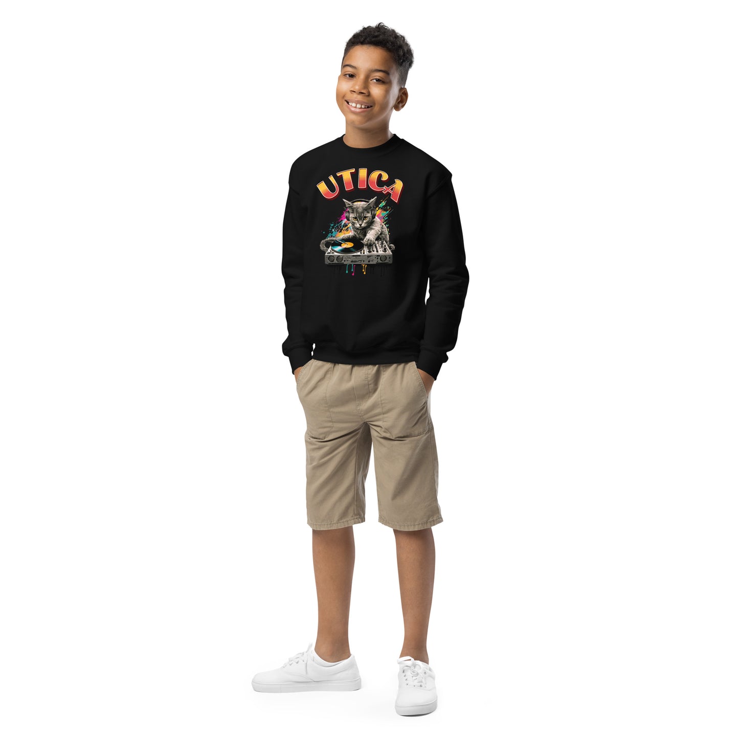 Utica Cat DJ youth crewneck sweatshirt, front