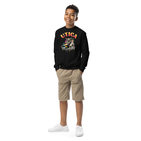 Utica Cat DJ youth crewneck sweatshirt, front